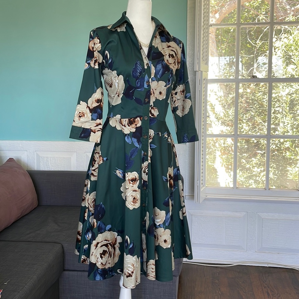 PEONY Green 1950’s Inspired Floral Long Sleeve Hostess Shirt Dress w/Poc…